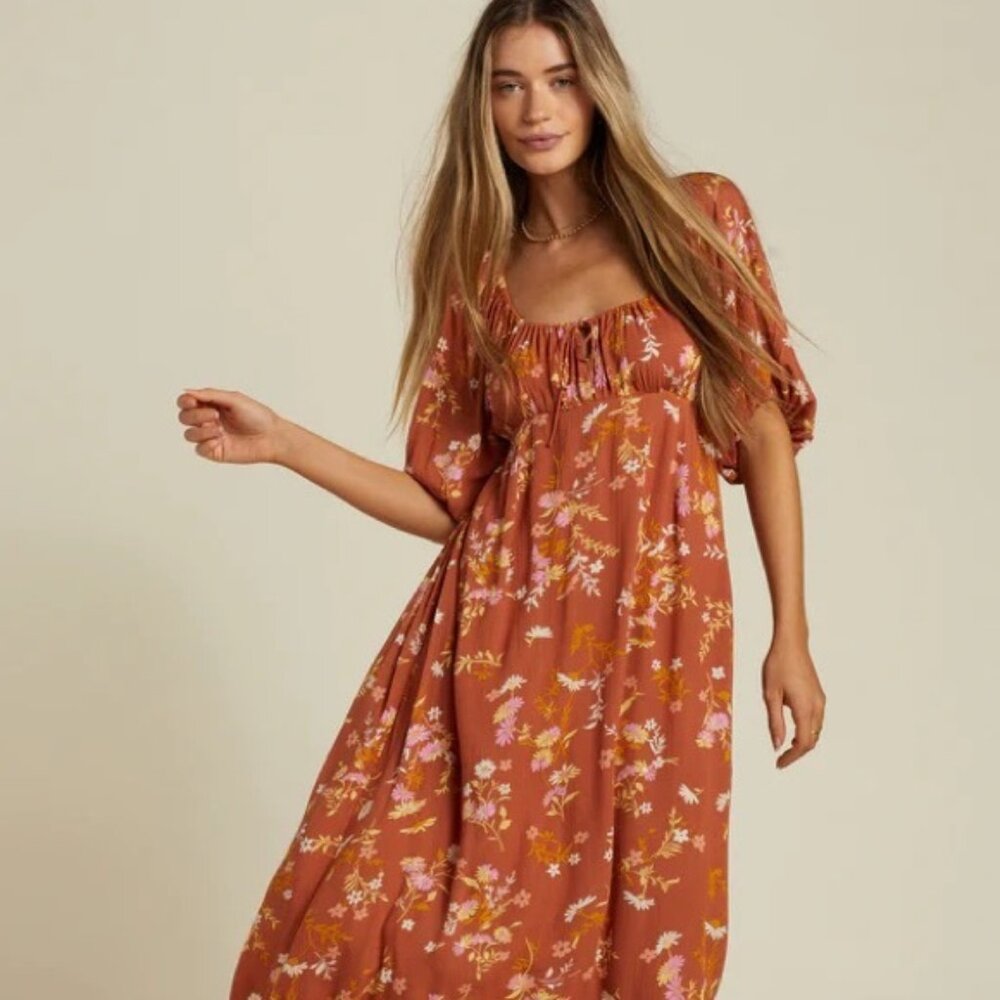 Billabong True Romance Printed Midi Dress in rust orange - Picture 3 of 12
